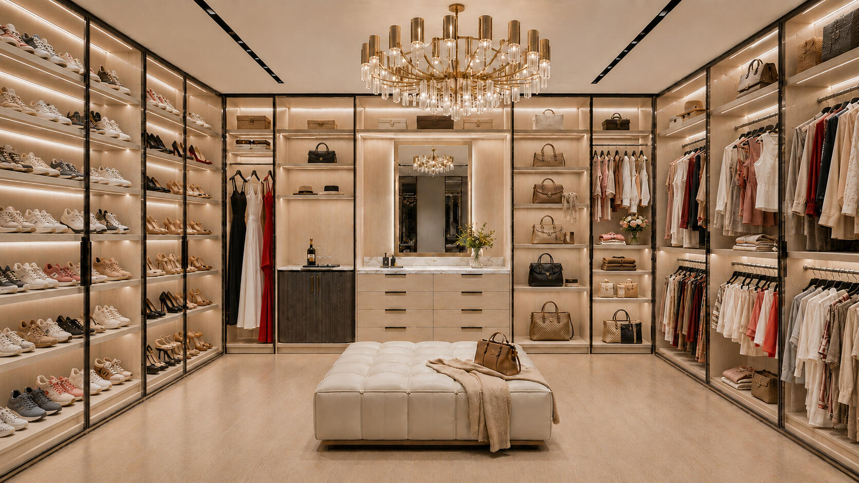 Her Closet: A Private Dressing Room Designed for Comfort, Visibility, and Personal Ritual A woman’s primary closet should feel spacious, calm, and easy to use—not filled with cabinets simply because wall space was available. We organize the wardrobe around the owner’s actual lifestyle: Florida clothing, dresses, casual wear, shoes, handbags, ac